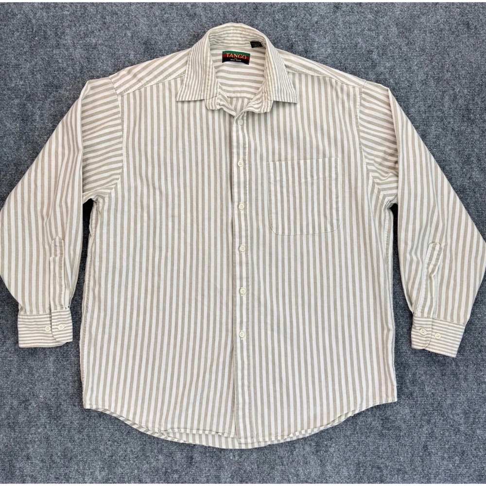Tango by Max Raab Button Down Shirt Men 16 32-33 Beige White Striped Made in USA